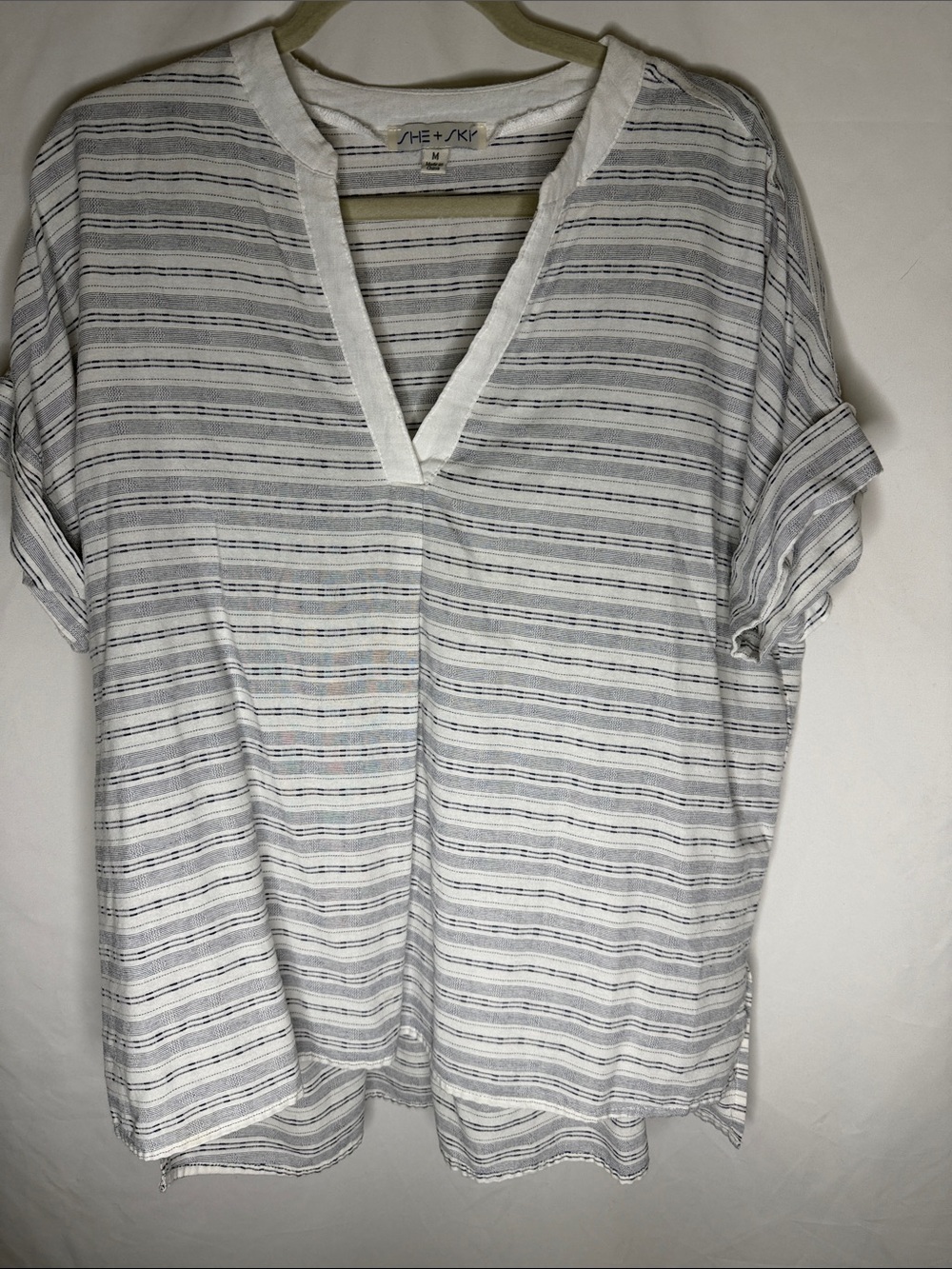 She + Sky White Striped V-Neck Short Sleeve Polo